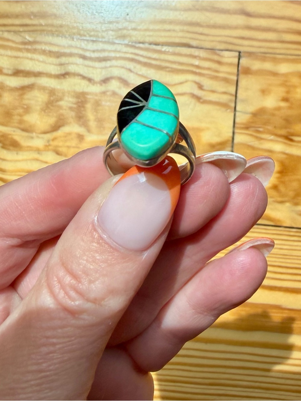 Sterling Silver Turquoise & Black Obsidian Silver Inlay Statement Ring- size 6.5